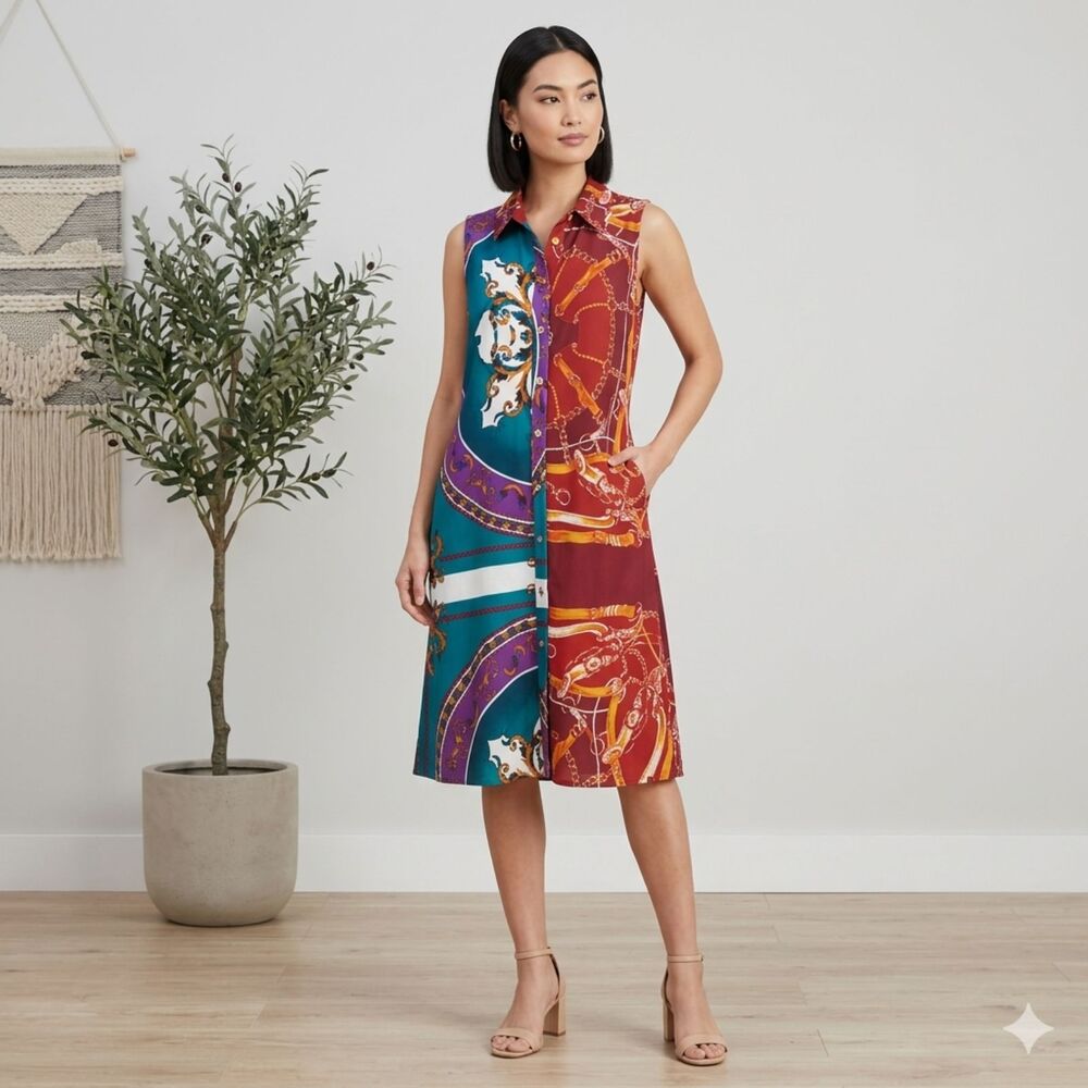 MSK Scarf Print Shirt Dress Sleeveless Button Front Knee Length Small S Multi